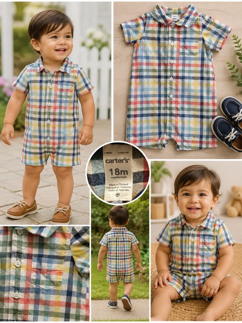 Carter’s Romper Boys 18M Plaid Button Down Collared Short Sleeve Snap One Piece